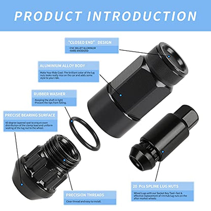 20PCS Closed End Lug Nuts M12X1.5 Wheel Rims Lug Nuts +Socket (Black) - color: Black
