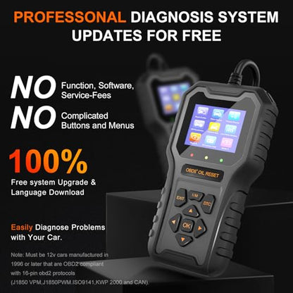 Car Code Reader OBD2 Scanner for Check Engine Light Oil Reset OBDII Scan Tool Diagnostic Tool Reset Fix Clear Fault Code Readers for Cars 1996+ - color: Black