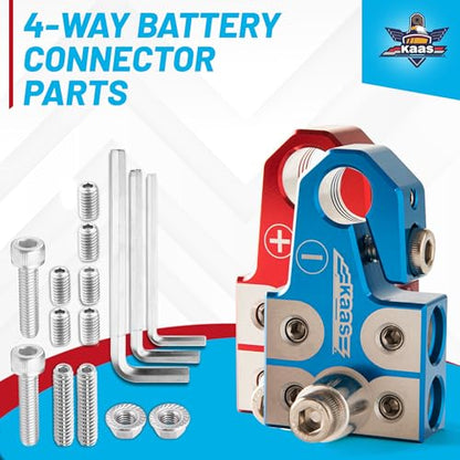 Kaas Lead Acid Battery Terminal Clamps, Positive and Negative Set, for SAE/DIN/EN Tapered Top Post, 4-Way Connectors, Compatible with 8AWG to 4/0 AWG, Includes OEM Top Post Adapter