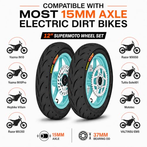 12 Inch Supermoto Wheels Set: 90/90-12 Front & 120/70-12 Rear Pit Bike Mag Wheels with Rotor & Sprocket, Fits Yozma IN10 IN10Pro Heybike Tuttio Soleil01 Mototec VALTINSU EM5 Razor MX350 MX650