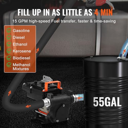 VEVOR Fuel Transfer Pump, 12V DC 15 GPM 1/4 HP, Portable Electric Diesel Transfer Pump with Auto Shut-Off Fuel Nozzle, Long Inlet & Outlet Hose for Gasoline, Diesel, Kerosene, Methanol Blends - size: 12V 15GPM Portable