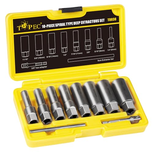 Topec 10-Piece Spiral Type Deep Bolt Extractor Set, Spark Plug Extraction Socket Set, Stripped Lug Nut Remover for Removing Broken, Damaged, Frozen, Rusted, or Rounded-Off Bolts, Nuts, Screws, Studs - color: 10pcs