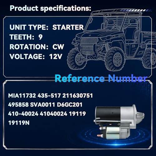 41040024 MIA11732 Starter Motor for 2012-2023 John Deere Gator XUV 590E 590i 590M 825E 825i 825M 835E 835R 835M, 2015-2023 Kawasaki KAF820 Mule PROFX, 12V 9 Teeth CW - size: MIA11732