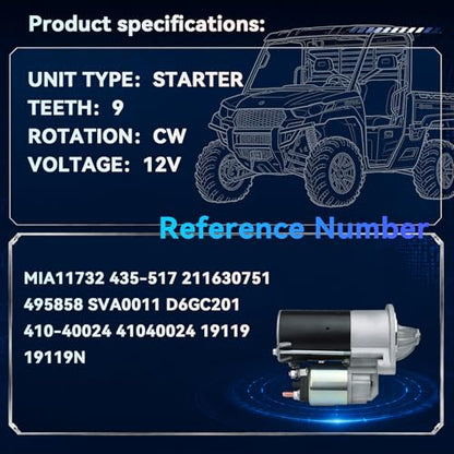 41040024 MIA11732 Starter Motor for 2012-2023 John Deere Gator XUV 590E 590i 590M 825E 825i 825M 835E 835R 835M, 2015-2023 Kawasaki KAF820 Mule PROFX, 12V 9 Teeth CW - size: MIA11732