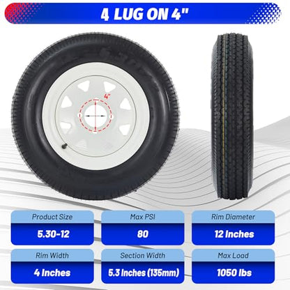 5.30-12 5.30x12 530-12 5.30-12 Trailer Tires with 12 in Rims, 4 Lug on 4 in, Load Range C, 6PR (530 12 with 4 lug) - size: 5.30-12, style: 4 lug on 4"