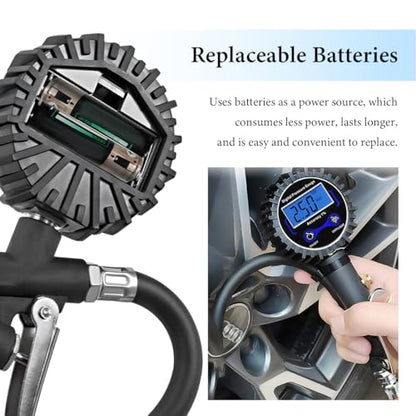 Digital Tire Pressure Gauge with Inflator, 250 PSI Tire Gauge with 360° Air Chuck Air Compressor Accessories, Heavy Duty Inflator Gauges with Quick Connect Coupler & Extended Hose