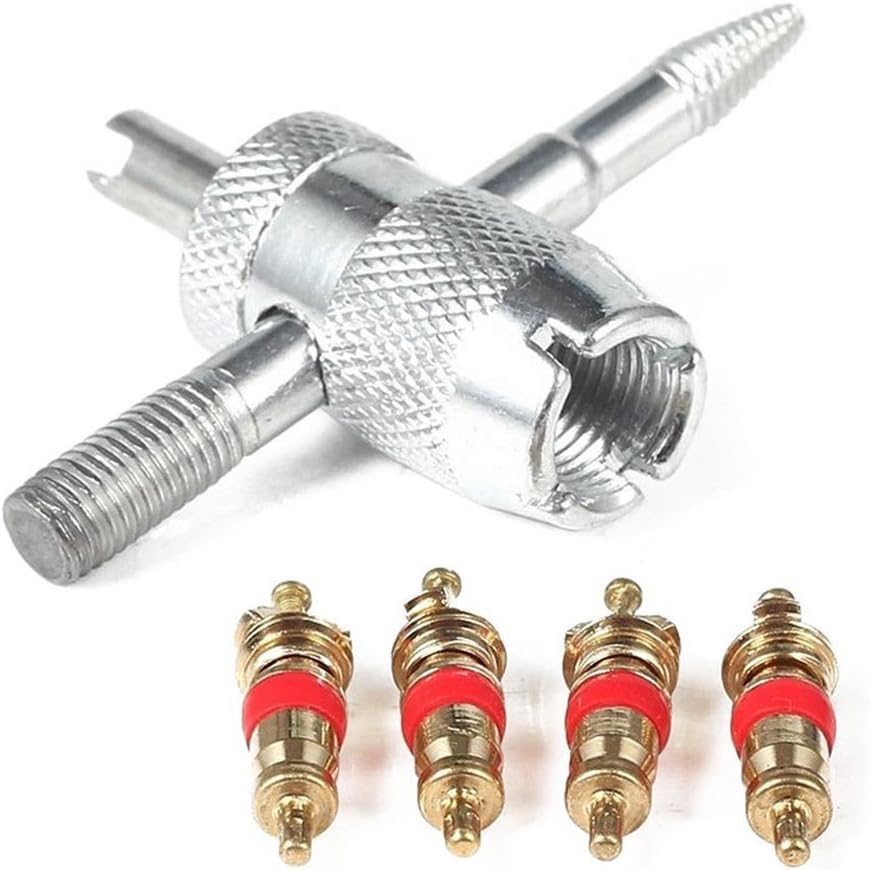 4-Way Tire Valve Core Tool Kit with 4 Brass Valve Cores - Multifunctional Tyre Valve Stem Remover Installer for Car, Motorcycle, Bicycle, Tire Repair & Emergency Roadside Use