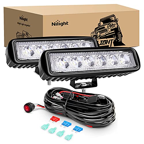 Nilight 2Pcs 18w Spot LED Work Lights LED Pods Fog Lights Off Road Led Lights Driving Lights with16AWG Off Road Wiring Harness Kit-2 Leads - color: 18W Lights + Wiring Harness