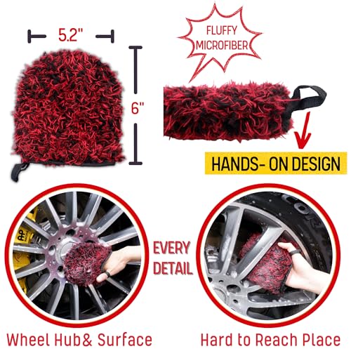 oesee Microfiber Wheel Brush Kit- Microfiber Wheel Brush, Long Handle Wheel Brush, Tire& Detailing Brush, Wheel Wash Mitt. Hands-On Wheel Detailing Kit for Daily Wheel Cleaning - color: Red/Black, size: 5-Pack