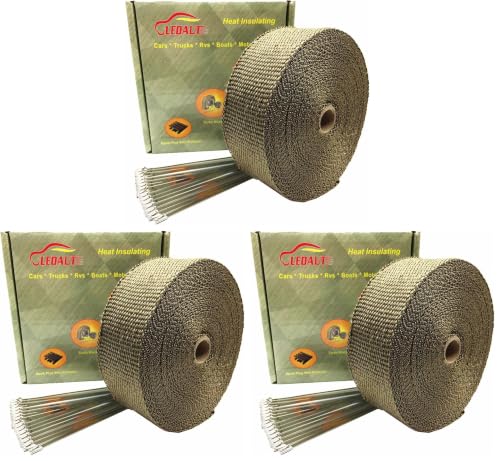 LEDAUT 2" x 50' Titanium Exhaust Heat Wrap Roll for Motorcycle Fiberglass Heat Shield Tape with Stainless Ties (Pack of 3) - size: 2 inches X 50 feet roll (Pack of 3)
