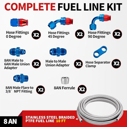 8AN PTFE Fuel Line Kit Stainless Steel Braided PTFE Fuel Hose 10FT With AN8 Hose End Fitting, Blue & Red - size: 8AN 10FT