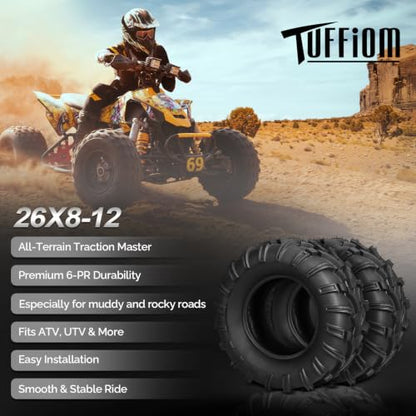 TUFFIOM Set of 2 ATV UTV Tires, 26x8-12, 6PR All-Terrain Mud Tires with Directional Tread, Drainage, Strong Srip and Snow-breaking for Rainy/Snowy Areas, Tubeless Trail Tire - size: 26x8.00-12 (2 pack)