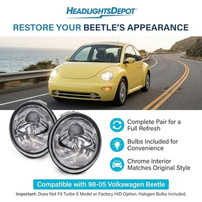HEADLIGHTSDEPOT Chrome Housing Halogen Headlights Compatible with Volkswagen Beetle 1998-2005 Includes Left Driver and Right Passenger Side Headlamps