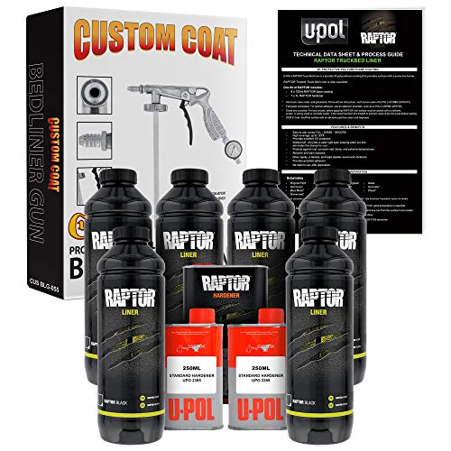 CUSTOM SHOP U-Pol Raptor Black Urethane Spray-On Truck Bed Liner 6 Quart Kit and Custom Coat Spray Gun with Regulator - color: Black, size: 6 Quart Kit