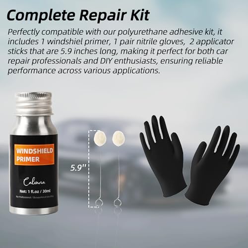 Calvana 1 fl.oz Windshield Primer, Urethane Primer for Automotive, Promotes Adhesion of Polyurethane Sealants, UV Resistant, Fast Drying, with 1 Pair Gloves, 2 Applicator Sticks, Black