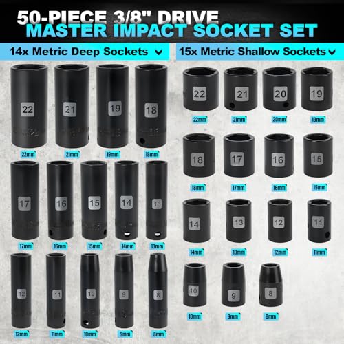 Impact Socket Set, 3/8 Socket Sets 50 Piece SAE and Metric Set, Cr-MO - size: 3/8inch 50PCS