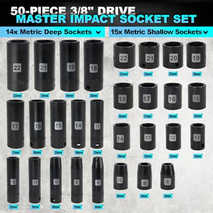 Impact Socket Set, 3/8 Socket Sets 50 Piece SAE and Metric Set, Cr-MO - size: 3/8inch 50PCS