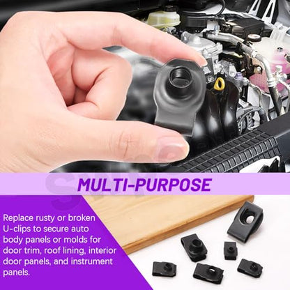 Swpeet 50Pcs M4 M5 M6 M8 M10 Carbon Steel Auto Car U-Clip Assortment Kit, U-Shaped Nut U Nut, Metal Trim Panel Spring Clip Fasteners for Dash Door Panel Interior Compatible with Most Auto (Black) - size: N4