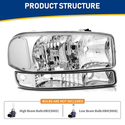 APSVE Headlight + Bumper Lights Kit for 1999-2006 GMC Sierra 1500 2500 3500 - color: Chrome Clear