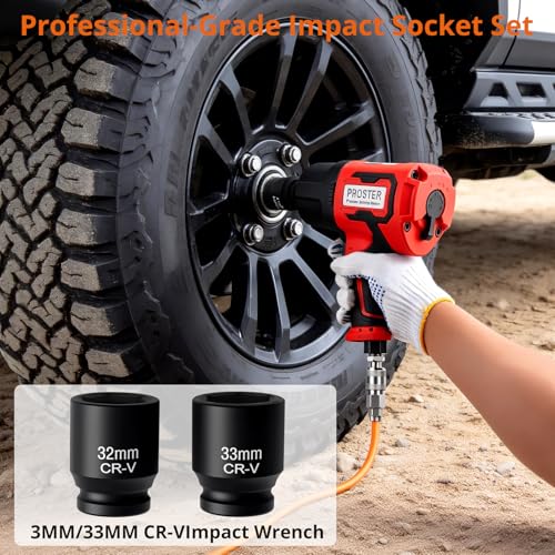 Proster 3/4" Air Impact Wrench 2000Ft-Lbs Torque 7000RPM w/ 32/33mm Sockets - size: 3/4 Inch