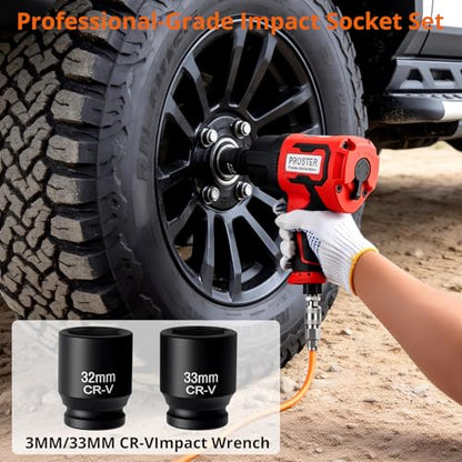 Proster 3/4" Air Impact Wrench 2000Ft-Lbs Torque 7000RPM w/ 32/33mm Sockets - size: 3/4 Inch