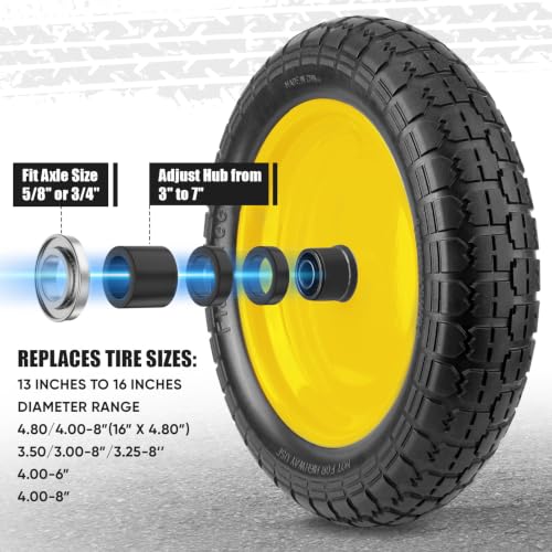 TICONN 4.80/4.00-8 Tire, 14.5" Flat Free Wheelbarrow Tire and Wheel - color: Yellow, size: 14.5" (2 Pack)