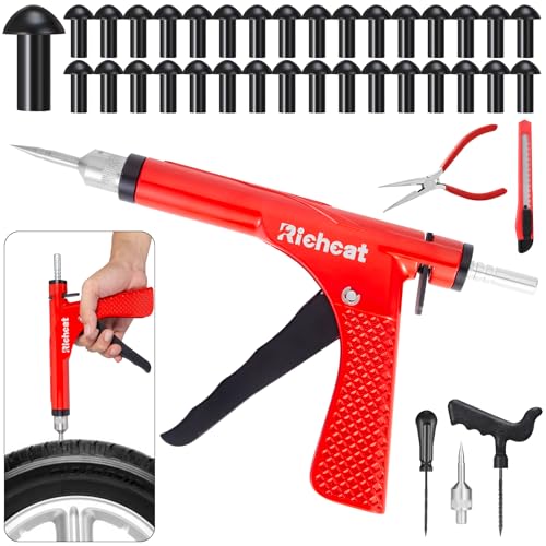 Richcat Tubeless Tire Puncture Repair Kit with Mushroom Plug, Repairs punctures and Flat Tires for Motorcycles, Cars, Trucks, ATVs,Gun Puncture Repair Kit - size: 32 Mushroom Plug Kit