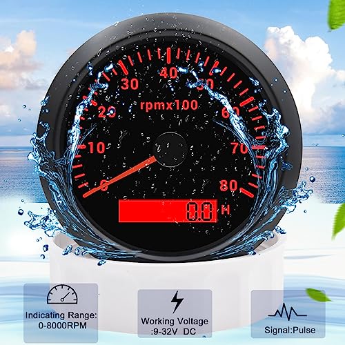 Geloo 85MM Boat RPM Tachometer Gauge 0-8000 RPM Tacometro Meter Replacement for Auto Truck Car - 7 Colors Backlight LED Display 9-32V 3-3/8" (Black) - color: Black, size: 8000 RPM