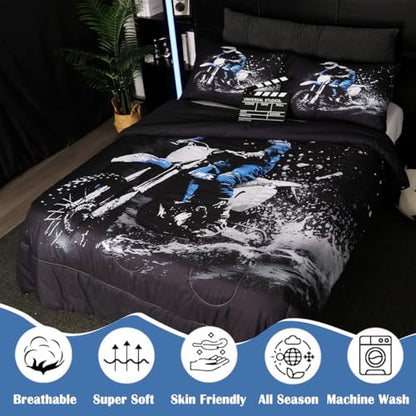 Feelyou Dirt Bike Comforter Set Toddler Size Racing Themed Dirt Bike - color: Black Blue, size: Toddler