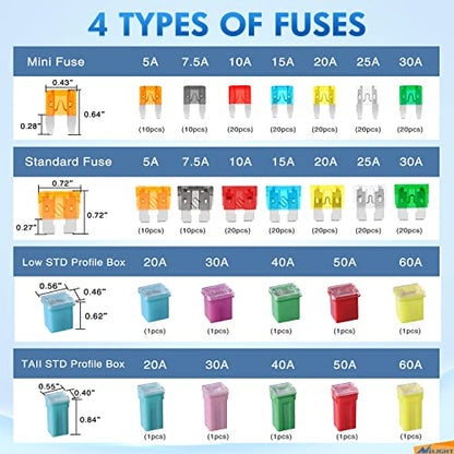 Nilight 250PCS Regular Mini Blade and Jcase STD Profile Fuse Assortment Kit - color: 250PCS Fuses + box fuses