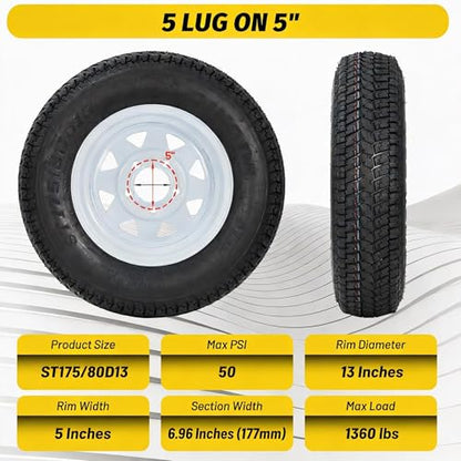 GarveeTech 2PCS ST175/80D13 175 80 13 Trailer Tire 5 Lug, Center Bore 3.2 Inch, 6 PLY, 2 Pack ST175 80D13 Tires, Muti Function Lawn Mower & Tractor Turf Tire (ST175/80d13) - size: ST175/80d13, style: 5 lug
