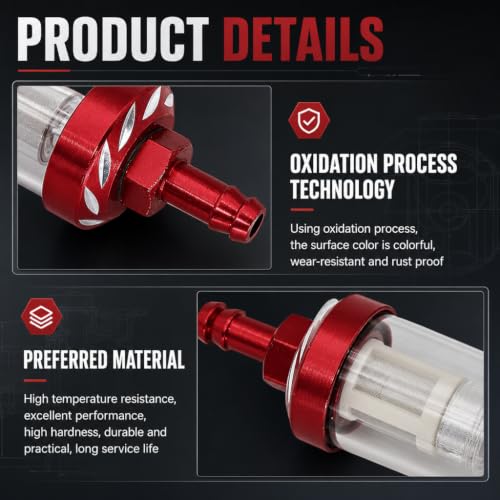 Car Fuel Filters, Tempered Glass Waterproof Fuel Filter Cup, Inline Alloy Rust-Proof and Durable Efficient Filter Oil Cup, Universal for Truck Motorcycle SUV Car (Red)