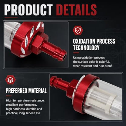 Car Fuel Filters, Tempered Glass Waterproof Fuel Filter Cup, Inline Alloy Rust-Proof and Durable Efficient Filter Oil Cup, Universal for Truck Motorcycle SUV Car (Red)