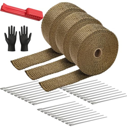 Exhaust Heat Wrap Roll 2" x 50' Titanium Fiberglass Heat Shield Tape 3 Rolls 5cm x 15m with 30pcs Stainless Ties for Motorcycle Car Truck - style: Titanium50' /3roll