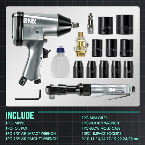 DNA MOTORING 17 Pcs Air Tool Kit 1/2-Inch Pneumatic Air Impact & Ratchet Wrench Kit Torque Wrench for Repairs, w/Case, Sliver/Black, TOOLS-00530 - style: 17Pc Combination set