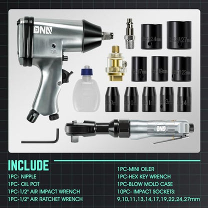 DNA MOTORING 17 Pcs Air Tool Kit 1/2-Inch Pneumatic Air Impact & Ratchet Wrench Kit Torque Wrench for Repairs, w/Case, Sliver/Black, TOOLS-00530 - style: 17Pc Combination set