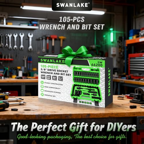 105-Piece 3/8" Drive Impact Socket Set, SAE (5/16 to 3/4 inch) and Metric (8-22mm) 6 Point CR-V Steel Socket Wrench Set, Extension Bars, Universal Joint, Ratchet Handle, Screwdriver Bit Mechanic Tool - style: 3/8'' 105PCS