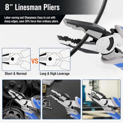 COMOWARE 8Pcs Pliers Set, 12", 10", 8" Groove Joint Pliers, 8" Adjustable Wrench, 8" Linesman, 6" Long Needle Nose, 6" Slip Joint, 6" Diagonal, Roll-Up Pouch Organizer, Rust-proof Black Oxide Coating - style: 8 Pcs