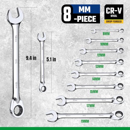 SK Reversible Ratcheting Combination Wrench Set, 8-Piece, Metric, 72-Tooth - size: Metric, 8-Piece