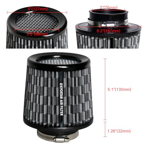 KYOSTAR Universal 3" (76mm) High-Flow Air Filter, Reusable Cone Cold Air Intake, High Performance Clamp-On Car High Flow Air Kit, Flange Diameter: 3 Inch, Filter Height: 6.4 Inch, Carbon Fiber Pattern - color: 3" (76mm), Carbon Fiber Pattern
