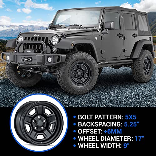TACTIK 5 Spoke Classic Solid Steel Wheel - 5x5 Bolt Pattern, 17x9 (+6mm Offset), 5.25 Inch Backspace - Fits Jeep Wrangler 2007-2022 JL, JK and Gladiator JT - Satin Black Powder Coated Finish