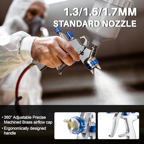 LVLP Air Spray Gun Premium Kit with 1.3/1.5/1.7mm Nozzle & Air Regulator,Automotive Paint Sprayer, for Cars & House DIY Painting Gun - color: LVLP Steel