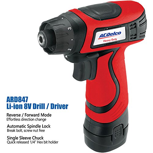 ACDelco ARD847Li Cordless 8V Li-ion compact Drill/Driver Impact Wrench 3 PC Combo Kit with Case, LED Work Light, 2-Port Charger, and 2 Batteries
