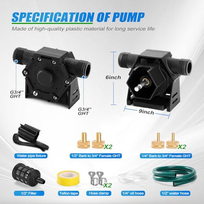 FIDISP Drill Pump for Water 750 GPH, with Hoses & 4 Adapter 12pcs (Black)