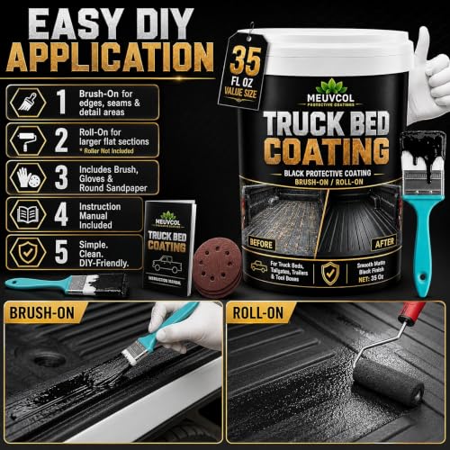 Meuvcol Truck Bed Liner Paint, 35 Oz Black Protective Coating for Pickup Beds, Tailgates, Trailers, Tool Boxes & Metal Surfaces, Brush-On or Roll-On Application with Brush, Gloves & Sandpaper