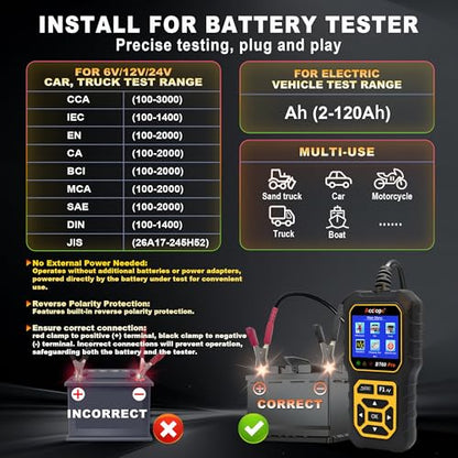 BT60 PRO 2–120Ah Battery Tester 6V/12V/24V 100–3000 CCA QR Report - color: Black-Yellow