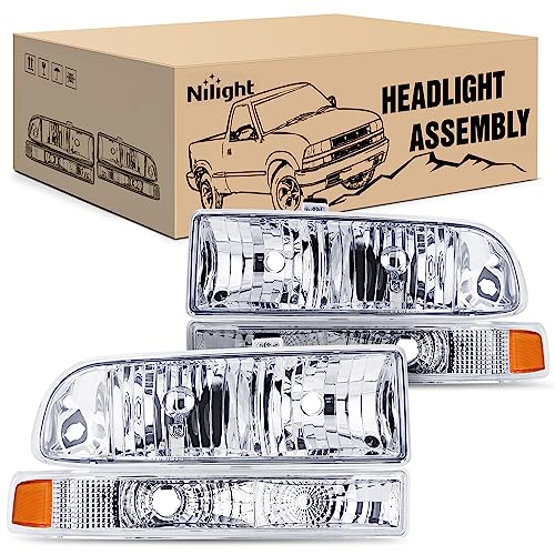 Nilight Headlight Assembly for 1998 1999 2000 2001 2002 2003 2004 2005 Chevy Blazer Headlights 1998-2004 Chevrolet S10 Pickup Replacement Headlamp Housing Bumper Lights - color: Chrome Housing + Amber Reflector