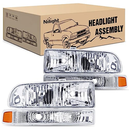 Nilight Headlight Assembly for 1998 1999 2000 2001 2002 2003 2004 2005 Chevy Blazer Headlights 1998-2004 Chevrolet S10 Pickup Replacement Headlamp Housing Bumper Lights - color: Chrome Housing + Amber Reflector