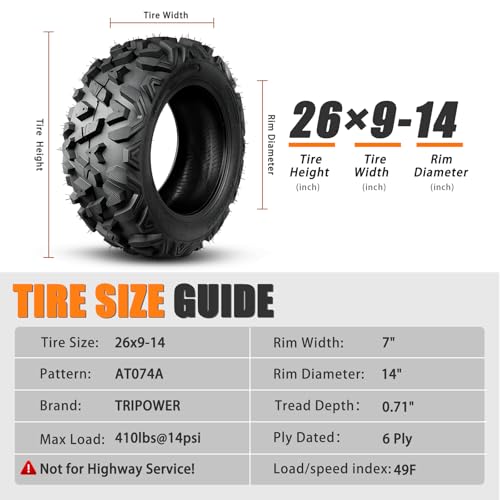TRIPOWER 26x9-14 ATV UTV Tires 26x9x14 All Terrain Trail Sand Mud Off-Road Tire, 6PR Tubeless, Set of 2 - size: 26x9-14