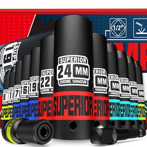 14 Piece 1/2" Drive Impact Socket Set, 8 mm - 24 mm Deep Socket, Metric Socket Set With Adapter & Quick-Release Holder, 6 Point, CR-V, Automotive Maintenance, Machinery Manufacturing - size: 1/2" Deep Metric
